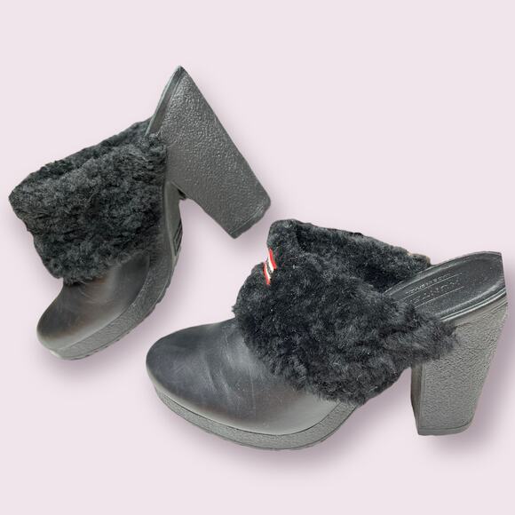 Hunter Black Fleece Shearling Leather Mules - Picture 4 of 8